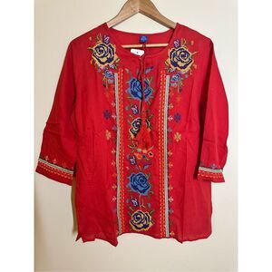 Raj Red Embroidered Floral Boho Style Top Size Large New